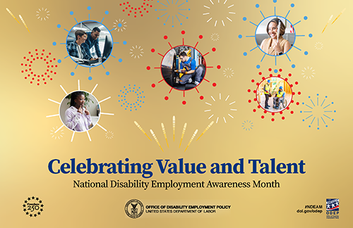 Images of people with disabilities and fireworks. Says “Celebrating Value and Talent, National Disability Employment Awareness Month.” Also includes DOL seal and ODEP and America 250 logos, along with #NDEAM, 80th Anniversary, and dol.gov/odep.