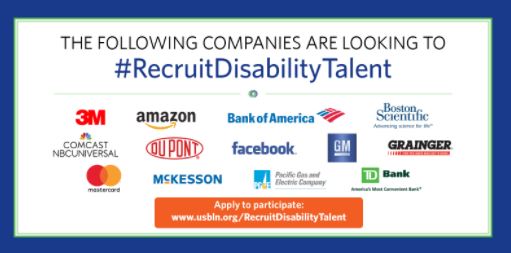 Graphic promoting USBLN's #RecruitDisabilityTalent virtual career fair. Learn more at www.usbln.org/RecruitDisabilityTalent